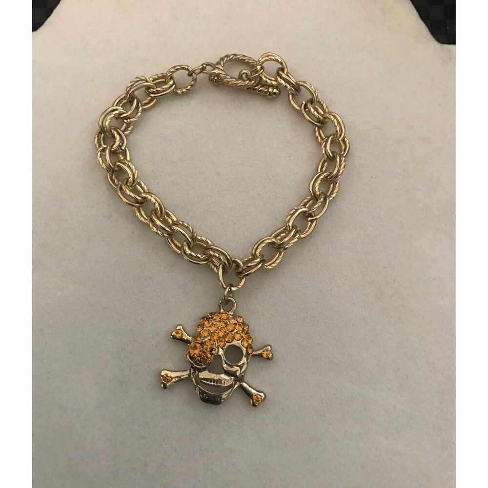 Trendy New 18KYGP Lemon Topaz Crystal Double Rolo Link Skull Bracelet